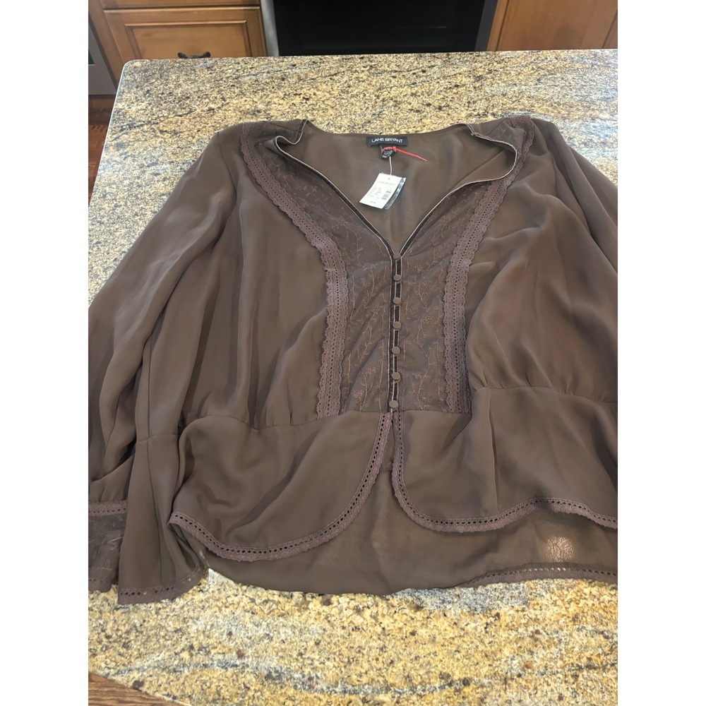 NWT Lane Bryant Plus Size 26/28 Brown Sheer Button Front Blouse Top Lace Trim